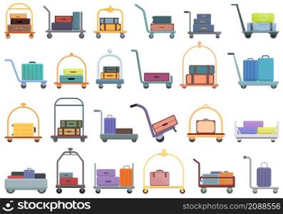 Luggage trolley icons set cartoon vector. Business bag. Travel baggage. Luggage trolley icons set cartoon vector. Business bag