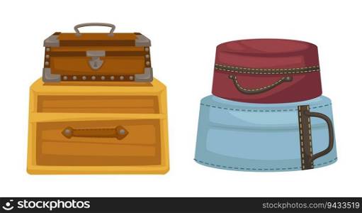 Luggages and suitcases, isolated bags vintage, retro or old fashioned containers for personal belonging. Handle and minimal decoration. Traveling and carrying baggage. Vector in flat style illustration. Vintage or retro bags, suitacases and luggages