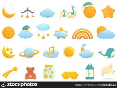 Lullaby icons set cartoon vector. Moon crescent. Baby kid. Lullaby icons set cartoon vector. Moon crescent