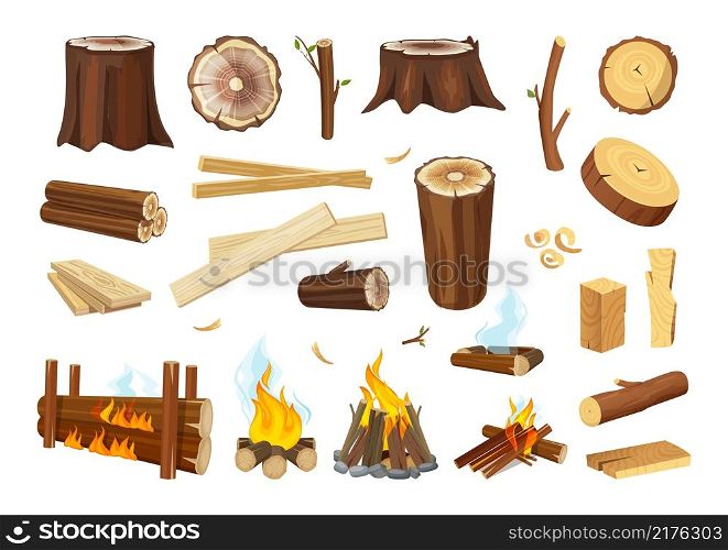 Lumber. Logs and timbers, wooden boards. Tree branches, wood shavings and sawdust. Burning and extinct bonfire, isolated vector rustic elements. Wood timber, wooden trunk cut, cartoon firewood. Lumber. Logs and timbers, wooden boards. Tree branches, wood shavings and sawdust. Burning and extinct bonfire, isolated vector rustic elements
