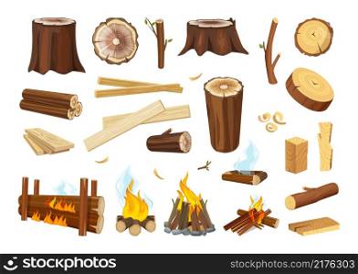 Lumber. Logs and timbers, wooden boards. Tree branches, wood shavings and sawdust. Burning and extinct bonfire, isolated vector rustic elements. Wood timber, wooden trunk cut, cartoon firewood. Lumber. Logs and timbers, wooden boards. Tree branches, wood shavings and sawdust. Burning and extinct bonfire, isolated vector rustic elements