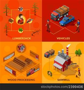 Lumberjack 2x2 isometric design concept set of wood processing and sawmill compositions woodcutter tools and vehicles for lumber transportation icons flat vector illustration . Lumberjack 2x2 Isometric Design Concept