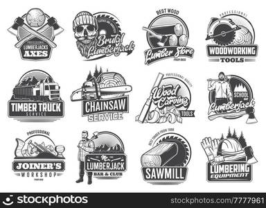 Lumberjack and lumbering industry retro icons. Skull in hat, umber jack bar and club emblem with axes and woodwork tools, chainsaw and forestry sawmill service with timber logs and saw. Lumberjack and lumbering industry retro icons