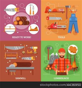 Lumberjack And Tools For Working Wood. Lumberjack and tools for working wood with sawmill forest bonfire saw axe overall casque isolated vector illustration