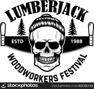 Lumberjack emblem. Skull with hand saw. Design element for logo, label, emblem, sign. Vector illustration