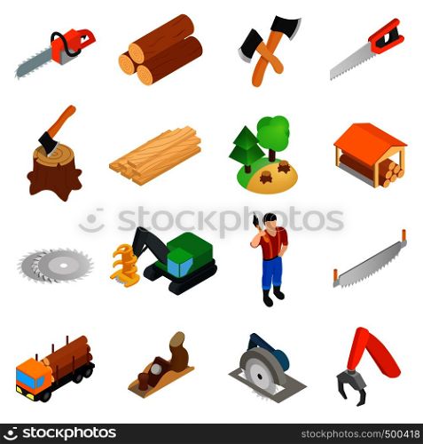 Lumberjack icons set in isometric 3d style isolated on white. Lumberjack icons set, isometric 3d style