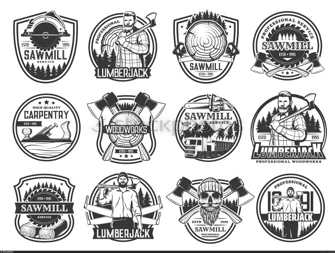 Lumberjack, lumbering and logging wood forestry, vector skull in hat icons. Lumberjack logger woodwork and sawmill service emblems with woodcutter crossed axes, saw logging trucks and joiner plane. Lumberjack, lumbering logging wood forestry icons