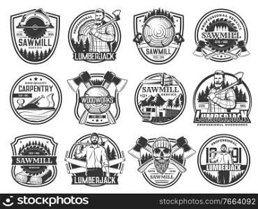 Lumberjack, lumbering and logging wood forestry, vector skull in hat icons. Lumberjack logger woodwork and sawmill service emblems with woodcutter crossed axes, saw logging trucks and joiner plane. Lumberjack, lumbering logging wood forestry icons