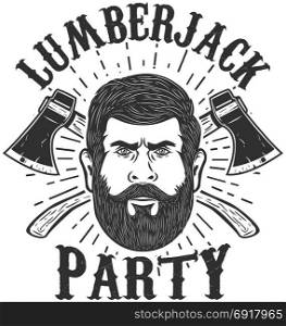 Lumberjack party. Lumberjack head on background with two crossed axes. Design element for logo, label, emblem, sign, badge. Vector illustration