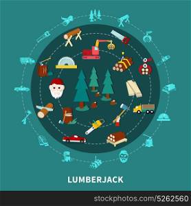 Lumberjack Round Composition. Lumberjack flat colored round composition with tools for work equipment and attributes vector illustration
