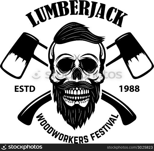 Lumberjack skull with crossed axes. Design element for emblem, sign, poster, t shirt. Vector illustration