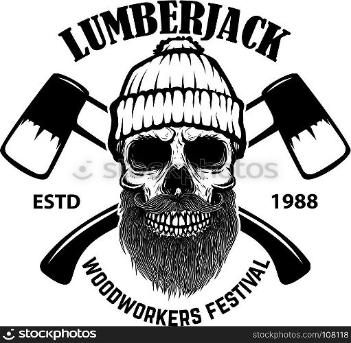 Lumberjack skull with crossed axes. Design elements for poster, emblem, sign, label. Vector illustration