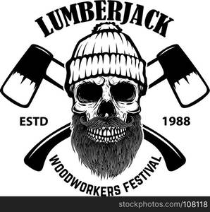 Lumberjack skull with crossed axes. Design elements for poster, emblem, sign, label. Vector illustration