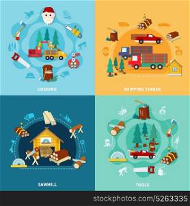 Lumberjack Square Icon Set. Four flat square lumberjack icon set with logging shipping timber sawmill and tools descriptions vector illustration