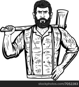 Lumberjack with axe on white background. Design element for poster, emblem, sign, banner, card. Vector illustration