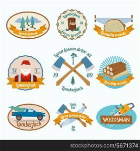 Lumberjack woodcutter colored labels set with wood log saw tree isolated vector illustration