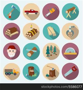 Lumberjack woodcutter flat icons set of axe working tools isolated vector illustration