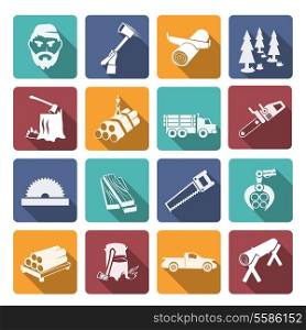 Lumberjack woodcutter flat icons set of carpentry equipment isolated vector illustration