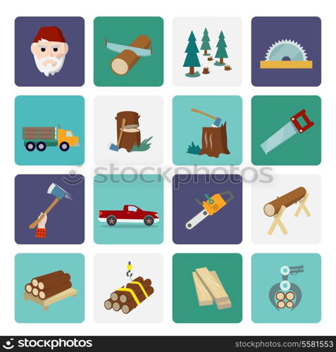 Lumberjack woodcutter flat icons set of wood timber industry isolated vector illustration