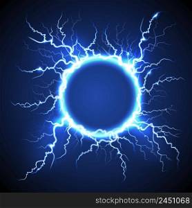 Luminous electric circle lightning atmospheric phenomenon realistic image on dark night sky blue decorative background vector illustration . Circle Lightning Realistic Blue Background