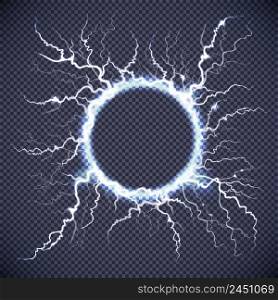 Luminous electric circle loop lightning atmospheric phenomenon realistic image on dark transparent background vector illustration . Circle Lightning Realistic Transparent Background