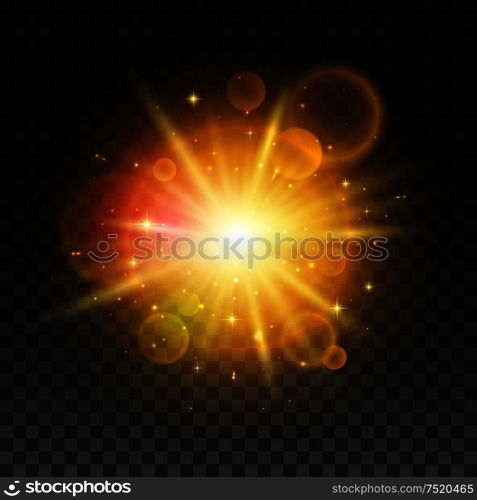 Luminous gold bright light flash with light lens flare effect. Shining sun burst with exploding light particles. Supernova star explosion on transparent background. Luminous bright light flash with lens flare