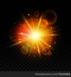 Luminous gold bright light flash with light lens flare effect. Shining sun burst with exploding light particles. Supernova star explosion on transparent background. Luminous bright light flash with lens flare
