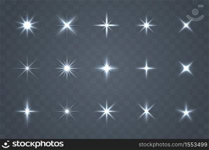 Luminous set design that glows. Sparkling stars with special light effects. Vector sparkling on a transparent background.