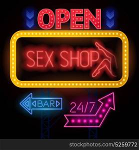 Luminous Sexshop Signs Set. Electric sign board poster sex shop and twenty four hour bar colorful signs frames and arrows vector illustration