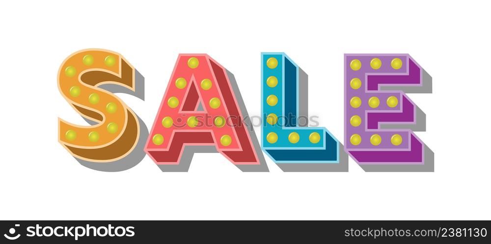 Luminous sign SALE with light bulbs. Three-dimensional inscription for the thematic design of a store, supermarket, trade.