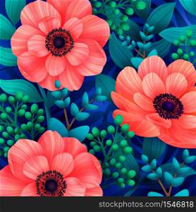 Luminous tropical background with 3d style wild coral flowers. Beautiful anemones and leaves on blue background. Trendy design for wallpapers, screensavers, wedding or greeting cards. Vector illustration.. Luminous tropical background with 3d style wild coral flowers. Beautiful anemones and leaves on blue background. Trendy design for wallpapers, screensavers, wedding or greeting cards.