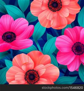 Luminous tropical background with pink and coral flowers. Beautiful anemones and leaves on blue background. Trendy design for wallpapers, screensavers, wedding or greeting cards. Vector illustration.. Luminous tropical background with pink and coral flowers. Beautiful anemones and leaves on blue background. Trendy design for wallpapers, screensavers, wedding or greeting cards. Vector illustration