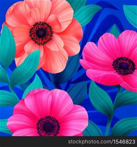 Luminous tropical background with pink and coral flowers. Beautiful anemones and leaves on blue background. Trendy design for wallpapers, screensavers, wedding or greeting cards. Vector illustration.. Luminous tropical background with pink and coral flowers. Beautiful anemones and leaves on blue background. Trendy design for wallpapers, screensavers, wedding or greeting cards. Vector illustration