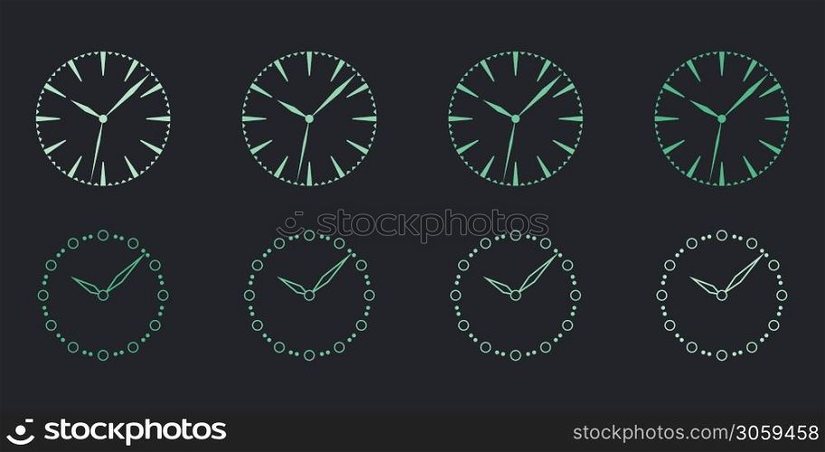 Luminous watch dial. Abstract clock face set. Mockup clock face. Vector illustration