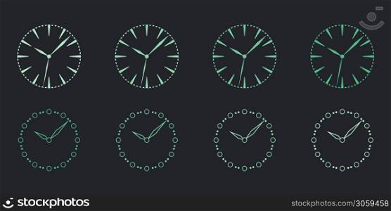 Luminous watch dial. Abstract clock face set. Mockup clock face. Vector illustration