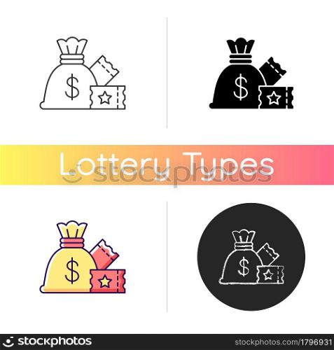 Lump-sum payment icon. One-time cash payout. Lottery winning. Collecting jackpot at once. One single payment. Distributing prize money. Linear black and RGB color styles. Isolated vector illustrations. Lump-sum payment icon
