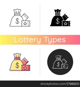 Lump-sum payment icon. One-time cash payout. Lottery winning. Collecting jackpot at once. One single payment. Distributing prize money. Linear black and RGB color styles. Isolated vector illustrations. Lump-sum payment icon