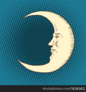 Luna is a character. A crescent moon in the night sky. Face. Comic book cartoon pop art hand drawing illustration. Luna is a character. A crescent moon in the night sky. Face