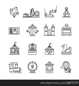 Luna park amusement line vector icons. Attraction set icons, collection of amusement icons train and castle, ferris wheel illustration. Luna park amusement line vector icons