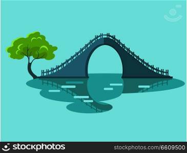 Lunar bridge with green tree in Taiwan isolated on blue. Oval circle resulting from reflection symbolizes moon and sky, which gave name to this type of engineering facilities vector illustration. Lunar Bridge with Green Tree in Taiwan Flat Icon