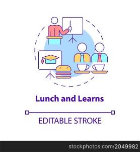 Lunch and learns concept icon. Informative presentation during meal abstract idea thin line illustration. Isolated outline drawing. Editable stroke. Roboto-Medium, Myriad Pro-Bold fonts used. Lunch and learns concept icon