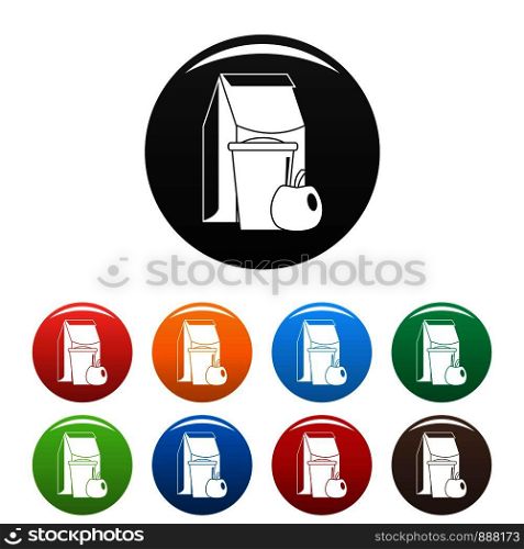 Lunch apple pack icons set 9 color vector isolated on white for any design. Lunch apple pack icons set color