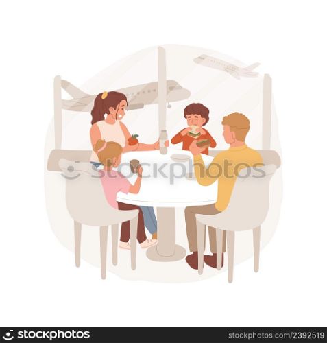 Lunch at the airport isolated cartoon vector illustration Family sitting at airport cafe, airplanes on background, travelling, kid eating sandwich, lunch before departure vector cartoon.. Lunch at the airport isolated cartoon vector illustration