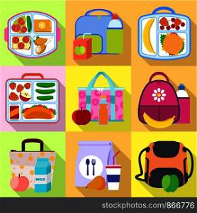 Lunch bag icon set. Flat set of 9 lunch bag vector icons for web design isolated on white background. Lunch bag icon set, flat style