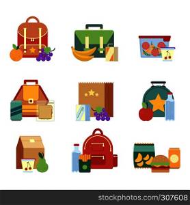 Lunch box and bag with healthy food for kids. Vector illustrations in flat style. Pictures isolate on white background. Lunch bag of set, snack and drink for lunch. Lunch box and bag with healthy food for kids. Vector illustrations in flat style