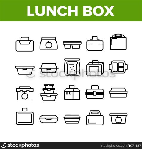 Lunch Box Collection Elements Icons Set Vector Thin Line. Plastic School Lunch Box And Container For Transportation Nutrition Concept Linear Pictograms. Monochrome Contour Illustrations. Lunch Box Collection Elements Icons Set Vector