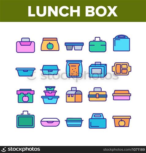 Lunch Box Collection Elements Icons Set Vector Thin Line. Plastic School Lunch Box And Container For Transportation Nutrition Concept Linear Pictograms. Color Illustrations. Lunch Box Collection Elements Icons Set Vector