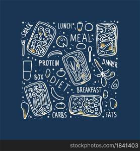 Lunch boxes and food poster template. Healthy homemade meals in dark background. Vector diet conceptual illustration.