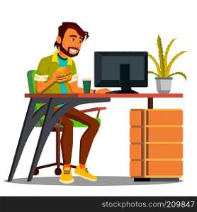 Lunch Break, Employee At The Desk With Burger And Coffee Looking At The Computer Screen Vector. Illustration. Lunch Break, Employee At The Desk With Burger And Coffee Looking At The Computer Screen Vector. Isolated Illustration