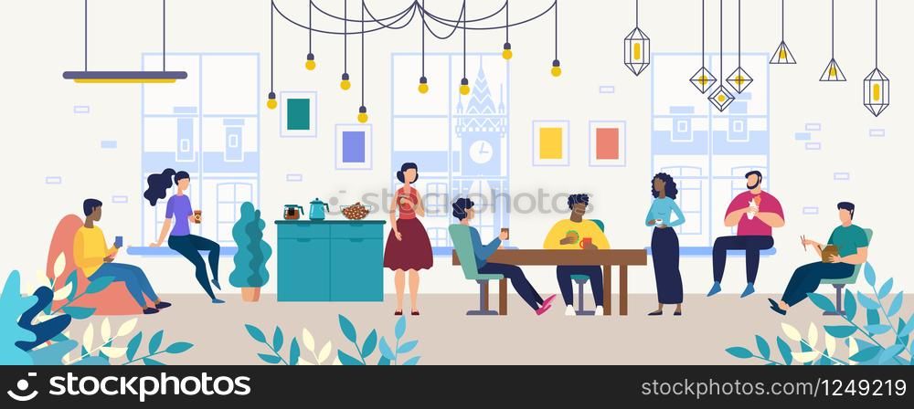 Lunch, Coffee Break with Colleagues in Company, Coworking Office Flat Vector Concept. Multinational Employees, Workers Gathering Together for Informal Conversation on Kitchen, Lounge Room Illustration